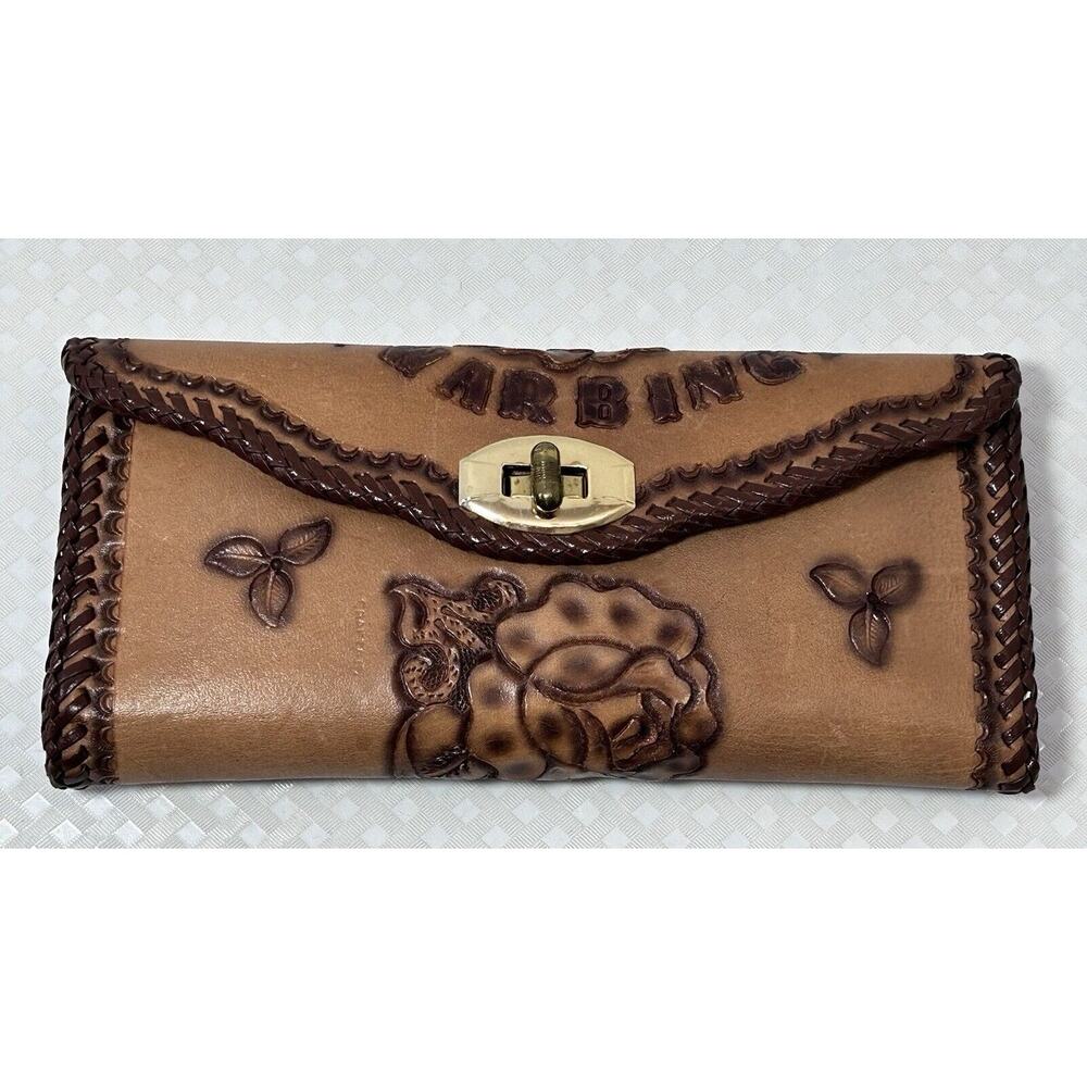 Vintage Crafted‎ Hand Tooled Leather Brown Tan/2 tone Floral Personalized Wallet